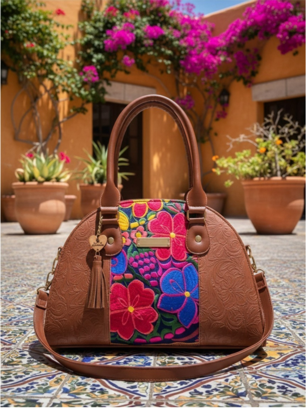Floral Cognac Brown Embroidered Telar Chiapaneco VEGAN Leather Artisan Bag Purse